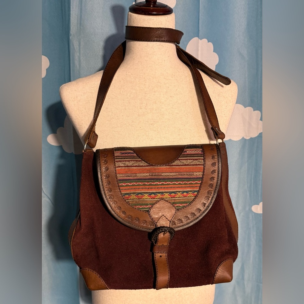 Vintage Brown Suede & Multicolor Boho Crossbody Bag - Picture 2 of 8